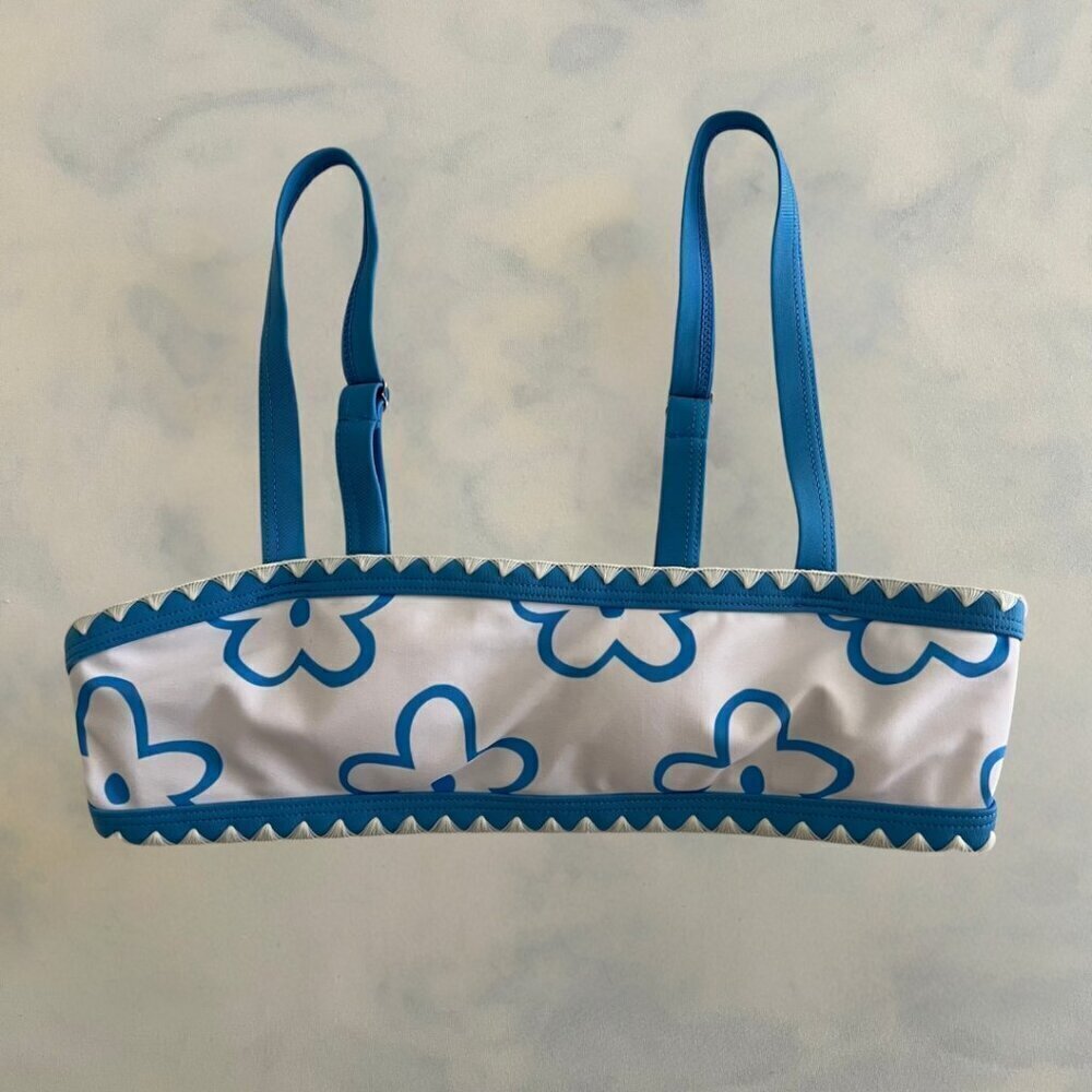 Blue & White Flower Retro Y2K XS Swimsuit Bikini Top